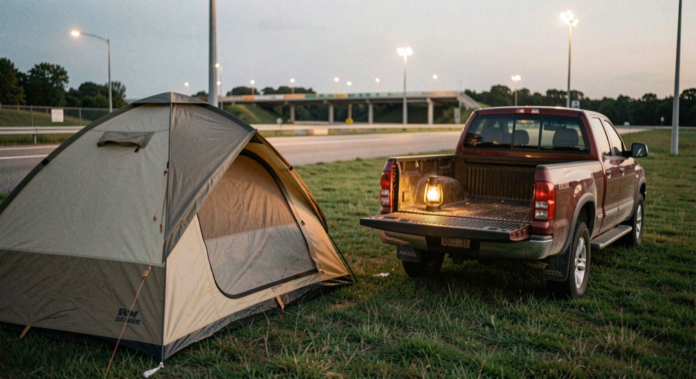A tent and a pickup backed up to each other on grass beside a track at dusk, a lantern on the tailgate, the track lights still on in the distance