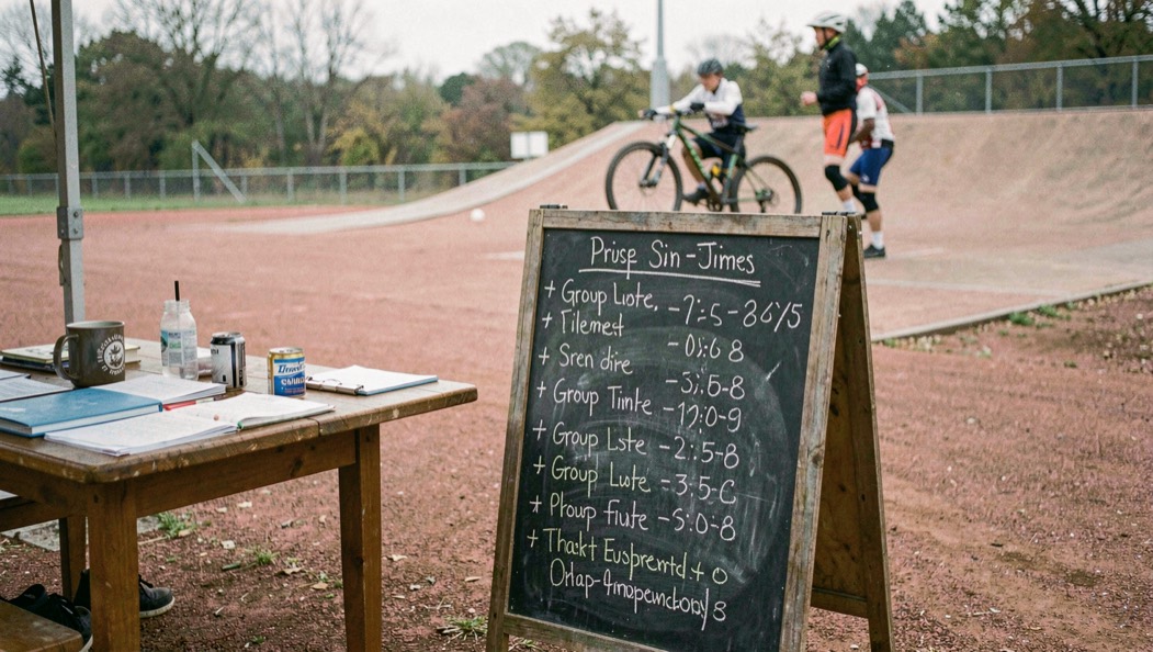 A sign-in table at the edge of a track in the morning, a board with group times written in chalk, riders unloading a bike from a ramp in the background