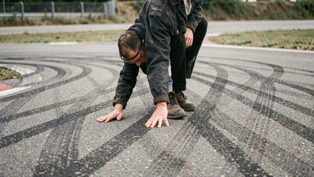 A rider walking the inside of a corner on foot, crouching to touch the surface with one hand, tire marks fanning out across the entry behind them
