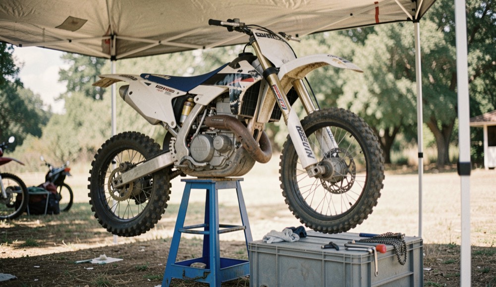 A dirt bike on a blue stand in the shade of a canopy, a chain tool and a rag on a crate, the rear wheel off the ground and still turning