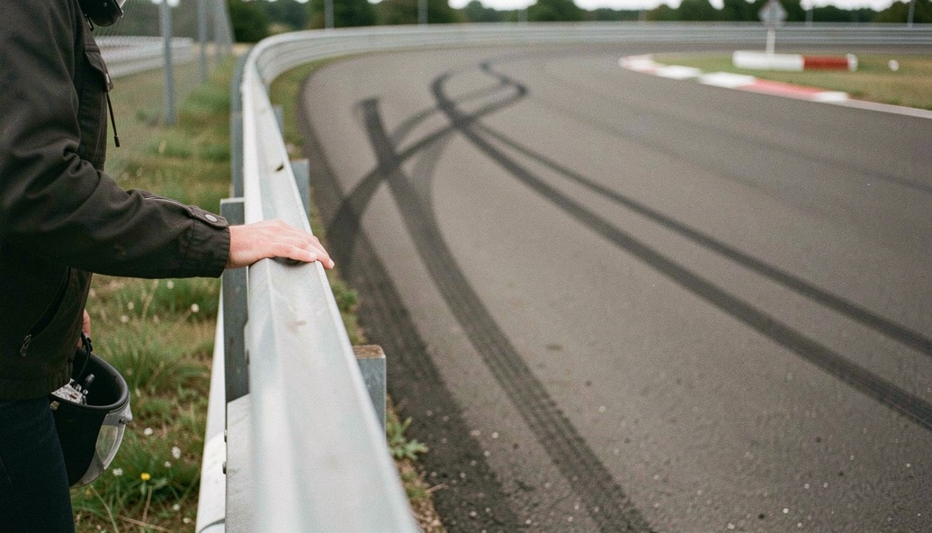 A rider standing at the fence line looking down a hardpack straight, one hand flat on the top rail, dark braking marks visible at the entry of the corner