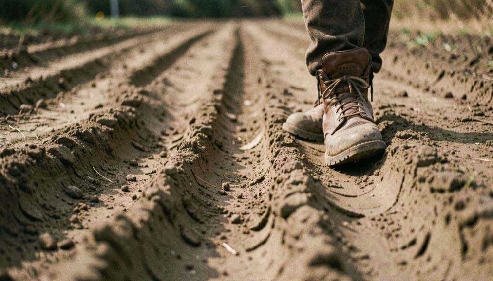 A shadowed corner cut by four deep ruts running side by side, a rider boot on the ground at the edge, the churned dirt lighter where it has been pushed out
