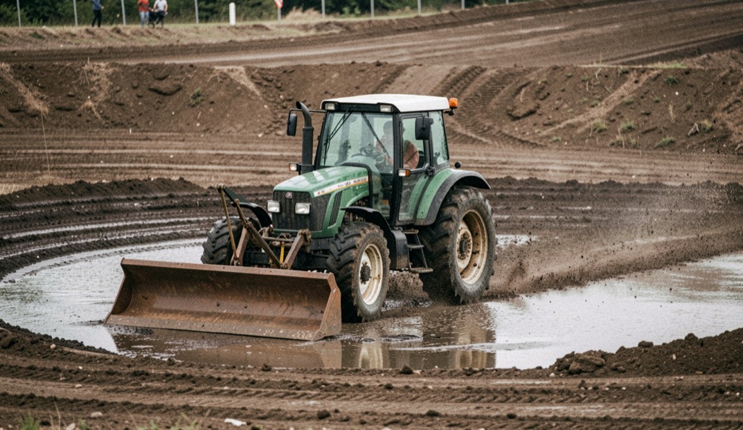 A compact tractor with a box blade smoothing a damp corner of a motocross track, water spray still dark on the surface behind it
