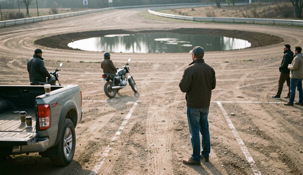 A dirt parking area at seven in the morning, riders looking toward a track whose first corner still holds a dark band of water, coffee cups on a tailgate