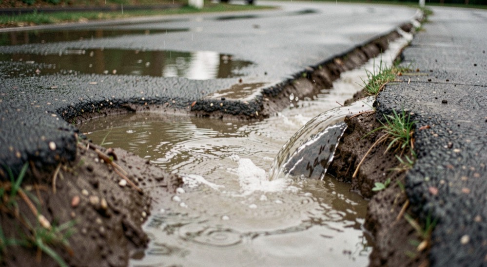 A shallow swale cut along the outside of a corner after heavy rain, water running out of it at one end, the track surface behind it still holding puddles