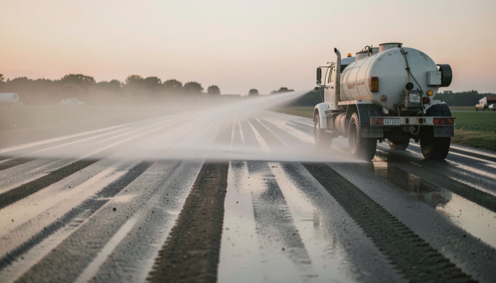 A water truck laying a fine sheet of water across a straight at dusk, the surface dark in stripes where the spray has already passed
