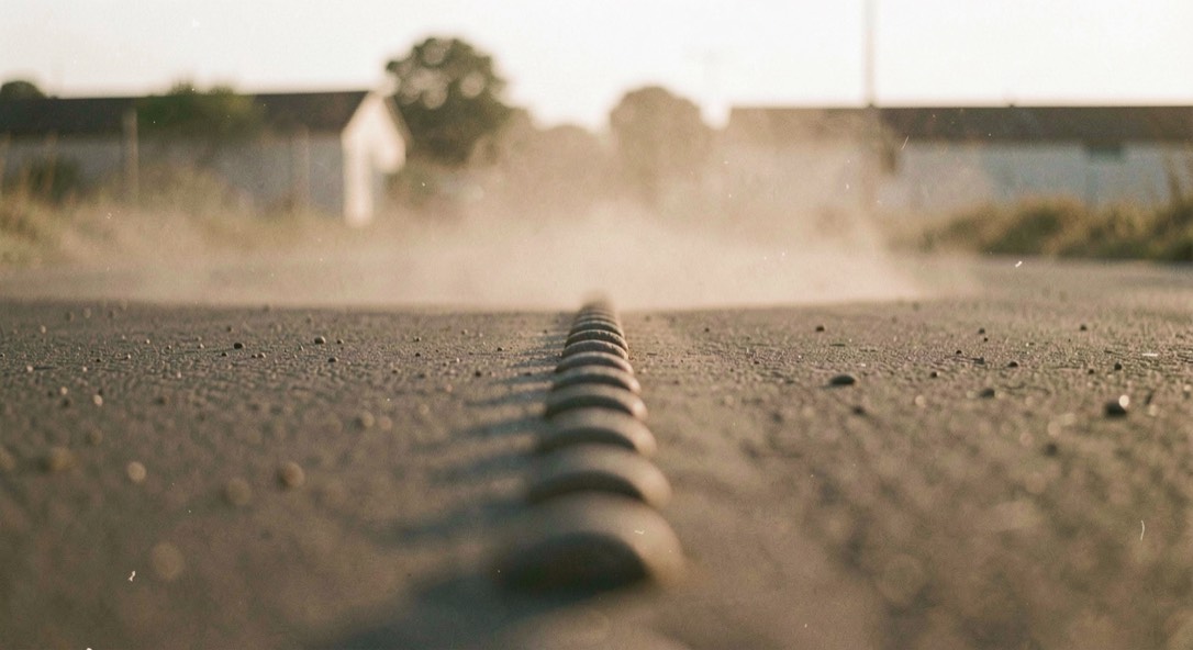 A straight seen side-on in late light, its surface cut into a regular line of braking bumps, dust hanging low over the far half of the lane